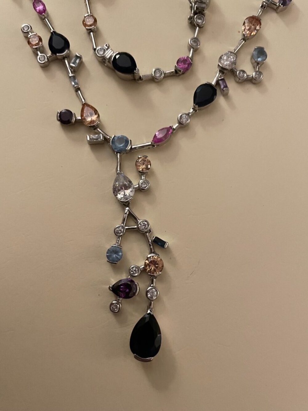 Sterling Silver Necklace Multi Stone 925 Abstract Contemporary 16-18" Like New